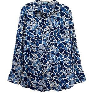 J. McLaughlin Large Lois blouse Blue White Geo Mosaic Print Button Down Shirt R8